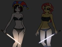 Size: 734x555 | Tagged: safe, sunset shimmer, human, humanoid, equestria girls, g4, animate object, belly button, bikini, clothes, crossover, crossover shipping, doll, duo, duo female, female, hat, interspecies, jedi, jester, jester hat, lesbian, lightsaber, living doll, pomni, ship:sunpom, shipping, star wars, swimsuit, the amazing digital circus, toy, weapon
