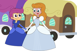 Size: 1024x681 | Tagged: safe, artist:rarity525, scootaloo, human, equestria girls, g4, adopted, adopted daughter, adopted offspring, choker, cinderella, clothes, dress, evening gloves, female, gloves, gown, holding hands, humanized, long gloves, looking at each other, looking at someone, mother and child, mother and daughter, poofy shoulders, princess costume, scootadoption, smiling, smiling at each other, story included, the friendship express, train
