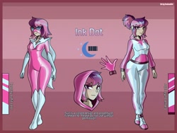 Size: 2500x1875 | Tagged: safe, artist:devillustart, oc, oc:ink dot(fireverse), human, equestria girls, g4, clothes, cosplay, costume, fireheart76's latex suit design, humanized, humanized oc, latex, latex suit, prisoners of the moon, reference sheet, rubber, rubber suit