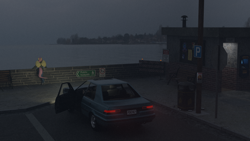 Size: 2560x1440 | Tagged: safe, artist:citizenwolf, artist:seltiox, artist:severity-gray, fluttershy, anthro, g4, 3d, bench, blender, blender cycles, brick wall, cans, car, chimney, concrete, fog, lights, nexgen, ocean, outdoors, parking lot, pole, poster, stop sign, toilet, trash can, water