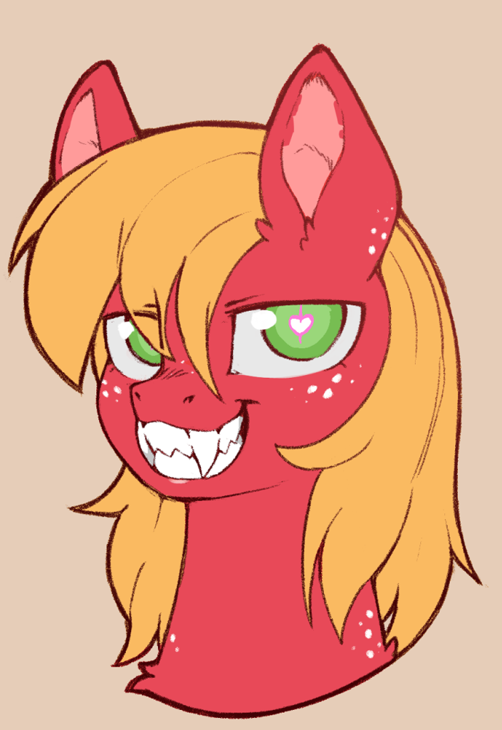 [artist:cold-blooded-twilight,big macintosh,bust,cute,earth pony,fangs,fluffy,freckles,grin,heart,heart eyes,looking at you,pony,portrait,safe,wingding eyes,macabetes,eye clipping through hair,smiling,slit pupils]