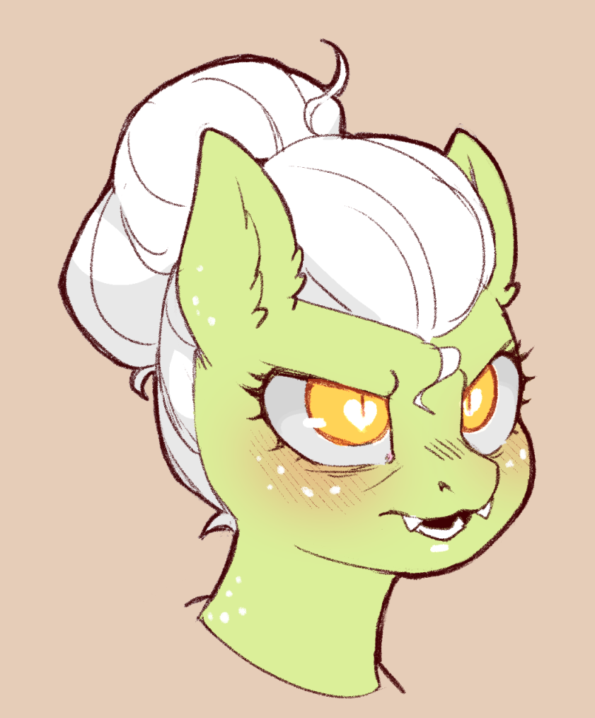 [alternate design,artist:cold-blooded-twilight,blushing,cute,fangs,freckles,frown,glowing,glowing eyes,granny smith,safe,cute little fangs,adorasmith]