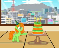 Size: 5918x4853 | Tagged: safe, artist:creedyboy124, oc, oc only, oc:lola, unicorn, g4, birthday, birthday cake, cake, food, hat, japan, party hat, solo, tokyo