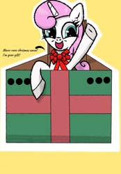 Size: 1781x2561 | Tagged: safe, artist:scandianon, twinkleshine, pony, unicorn, g4, air holes, bowtie, box, female, looking at you, mare, open mouth, open smile, present, smiling, solo, talking to viewer, waving