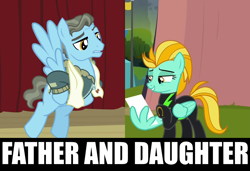 Size: 1580x1080 | Tagged: safe, anonymous editor, edit, edited screencap, screencap, lightning dust, wind rider, pegasus, pony, g4, rarity investigates, season 5, season 8, the washouts (episode), bomber jacket, caption, clothes, cropped, duo, eyebrows, eyelashes, family, father and child, father and daughter, female, flying, headcanon, impact font, indoors, jacket, male, mare, outdoors, scarf, stallion, standing, text, text edit, uniform, washouts uniform, wings