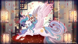 Size: 4500x2560 | Tagged: safe, artist:martazap3, princess celestia, alicorn, kitsune, pony, g4, cute, female, horn, mare, mask, princess, smiling, solo, spread wings, tail, wings