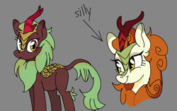 Size: 1751x1098 | Tagged: safe, artist:nonameorous, autumn blaze, cinder glow, summer flare, kirin, g4, sounds of silence, duo, duo female, female, gray background, looking away, simple background, smiling