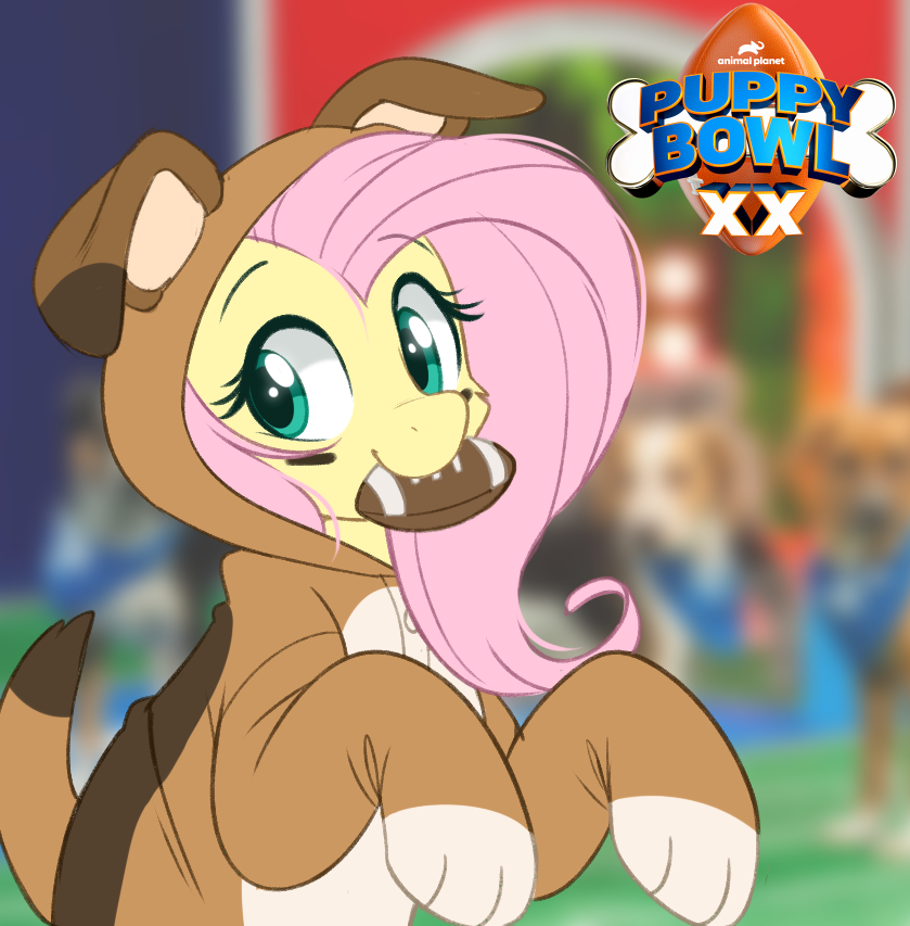 [american football,beautiful,clothes,costume,cute,female,fluttershy,irl,kigurumi,looking at you,mouth hold,pegasus,photo,pony,pretty,safe,solo,sports,puppy bowl,onesie,shyabetes,flutterdog,artist:higglytownhero,halfbody,dog costume]