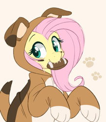 Size: 743x853 | Tagged: safe, alternate version, artist:higglytownhero, fluttershy, pegasus, pony, g4, american football, beautiful, clothes, costume, cute, dog costume, female, flutterdog, halfbody, kigurumi, looking at you, mouth hold, onesie, paws, photo, pretty, shyabetes, simple background, solo, sports
