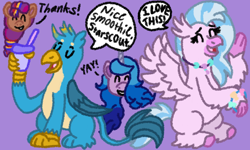 Size: 2000x1200 | Tagged: safe, artist:mintwhistle, gallus, izzy moonbow, silverstream, sunny starscout, classical hippogriff, earth pony, griffon, hippogriff, pony, unicorn, g4, g5, beak, bracelet, colored hooves, dialogue, drink, excited, eyes closed, feathered fetlocks, female, floating head, folded wings, friendship bracelet, grin, group, happy, holding, jewelry, male, mane stripe sunny, mare, medibang paint, necklace, open beak, open mouth, open smile, purple background, quartet, simple background, sitting, smiling, smoothie, speech bubble, spread wings, student six day, wings, yelling