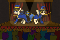 Size: 2048x1365 | Tagged: safe, artist:maonyman, derpibooru exclusive, oc, oc only, oc:showbusiness, oc:whizzy, pony, unicorn, audience, clothes, colored hooves, commission, curtains, duo, eye clipping through hair, female, hat, horn, male, mare, raised hoof, robe, shading, siblings, spotlight, stage, stallion, stars, sunglasses, top hat, twins, unicorn horn, unshorn fetlocks, witch hat