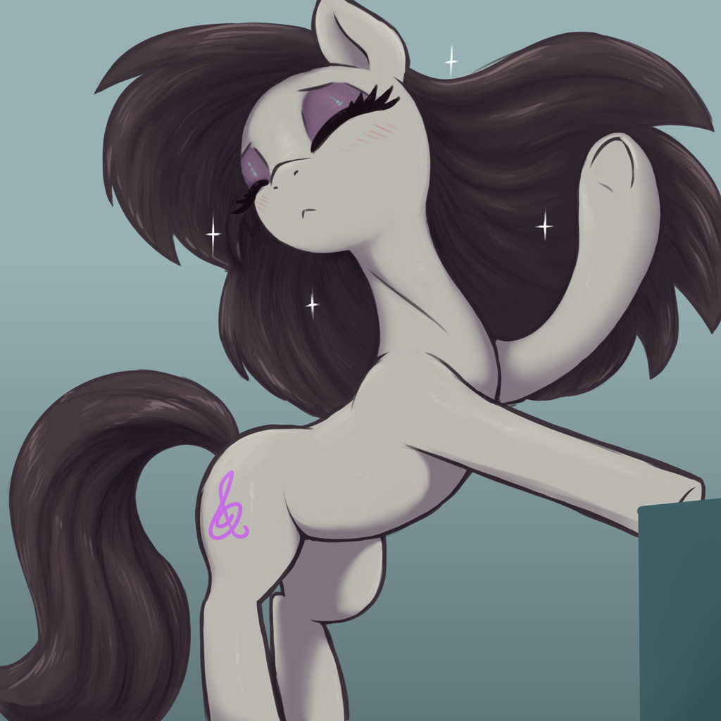[bipedal,blushing,earth pony,eyes closed,eyeshadow,female,flowing mane,g4,high res,makeup,mare,missing accessory,pony,safe,solo,sparkles,leaning,octavia melody,bipedal leaning,underhoof,gradient background,derpibooru exclusive,artist:t72b,blush lines]