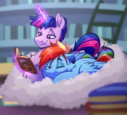 Size: 2008x1816 | Tagged: safe, artist:witchtaunter, daring do, rainbow dash, twilight sparkle, alicorn, pegasus, pony, g4, book, cloud, commissioner:navelcolt, cuddling, duo, duo male, dusk shine, gay, ladder, library, male, on a cloud, rainbow blitz, reading, rule 63, ship:duskblitz, ship:twidash, shipping, sleeping, sleeping on a cloud