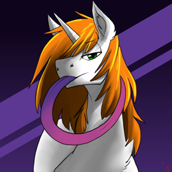 Size: 3000x3000 | Tagged: safe, artist:cymek, oc, oc only, oc:tarasus, unicorn, blue tongue, green eyes, long hair, long tongue, looking at you, orange hair, purple background, simple background, solo, tongue out, white fur