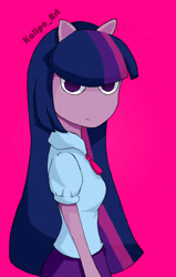 Size: 1619x2553 | Tagged: safe, artist:kalipoart, twilight sparkle, human, equestria girls, g4, 2017, clothes, eared humanization, humanized, looking at you, old art, pink background, shirt, side view, signature, simple background, skirt, solo