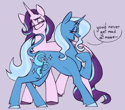 Size: 1105x976 | Tagged: safe, artist:p0rk-guts, starlight glimmer, trixie, pony, unicorn, all bottled up, g4, colored hooves, concave belly, dialogue, duo, duo female, eye clipping through hair, eyebrows, eyebrows visible through hair, female, hooves, leonine tail, lesbian, lidded eyes, looking at each other, looking at someone, mare, multicolored mane, multicolored tail, purple background, raised hoof, ship:startrix, shipping, simple background, slender, smiling, smiling at each other, smug, tail, thin