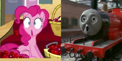 Size: 1936x968 | Tagged: safe, edit, edited screencap, screencap, pinkie pie, earth pony, pony, g4, party pooped, season 5, buzz buzz, cherry, comparison, faic, female, food, james the red engine, male, mare, poggers, reference, shocked, shocked expression, shrunken pupils, side by side, thomas and friends, thomas the tank engine, tidmouth station, train, train station