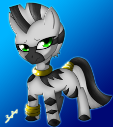 Size: 478x538 | Tagged: safe, artist:bluebean, oc, oc only, pony, zebra, foal, frown, gradient background, jewelry, solo