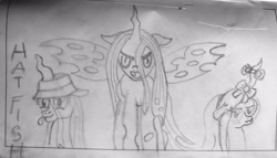 Size: 2992x1712 | Tagged: safe, artist:elidiotadelaesquina, queen chrysalis, g4, bow, hair bow, hat, pencil drawing, ribbon, sketch, traditional art