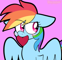 Size: 1122x1080 | Tagged: safe, artist:saveraedae, rainbow dash, pegasus, pony, g4, blushing, eyebrows, eyebrows visible through hair, female, heart, looking away, mare, pink background, simple background, solo