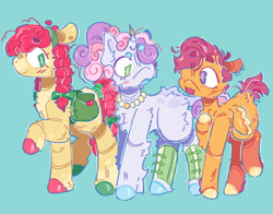 Size: 1512x1184 | Tagged: safe, artist:tottallytoby, apple bloom, scootaloo, sweetie belle, earth pony, pegasus, pony, unicorn, g4, alternate design, bag, blushing, bow, braid, braided pigtails, braided tail, clothes, coat markings, colored hooves, cutie mark crusaders, ear piercing, earring, female, fetlock tuft, hair bow, headband, hooves, horn, horn jewelry, jewelry, leg warmers, leonine tail, looking at each other, looking at someone, multicolored hooves, necklace, older, older apple bloom, older cmc, older scootaloo, older sweetie belle, open mouth, pearl necklace, piercing, pigtails, redesign, short mane, short tail, simple background, small wings, smiling, splotches, tail, teal background, trio, trio female, wings