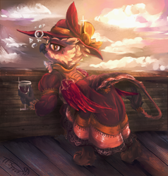 Size: 938x985 | Tagged: safe, artist:tiothebeetle, oc, oc only, oc:remelle redwing, griffon, pony, alcohol, blushing, clothes, cloud, cloudy, commission, cute, dress, drink, drunk, drunk bubbles, glass, hat, indoors, looking at you, red wine, red wings, solo, wine, wine glass, wings