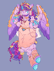 Size: 1136x1485 | Tagged: safe, artist:tottallytoby, princess cadance, alicorn, pony, anthro, unguligrade anthro, g4, alternate eye color, anklet, arm fluff, armor, belt, blue background, bracelet, breasts, cheek fluff, cleavage, clothes, colored hooves, colored wings, cyan eyes, dress, ear piercing, earring, eyeshadow, female, gradient ears, gradient wings, hoof fingers, hoof hands, horn, horn cap, horn jewelry, horn ring, jewelry, leg fluff, leg wraps, leonine tail, makeup, mare, necklace, no mouth, off shoulder, piercing, ring, shoulder fluff, simple background, solo, tail, tail jewelry, tail wrap, tiara, wing armor, wing jewelry, wing piercing, wings