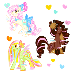 Size: 1280x1313 | Tagged: safe, artist:eyerealm, artist:junglicious64, oc, oc only, oc:birthday cake, oc:chocolate, oc:gummies, earth pony, pegasus, adoptable, blushing, bow, bowtie, clothes, coat markings, colored hooves, colored wings, colored wingtips, curly mane, curly tail, earth pony oc, frilly socks, hair bow, hair over one eye, hat, leg warmers, multicolored mane, multicolored tail, open mouth, party hat, pegasus oc, raised hoof, simple background, sitting, smiling, socks, socks (coat markings), sparkles, sparkly mane, sparkly tail, standing, tail, tail bow, trio, unshorn fetlocks, white background, wings