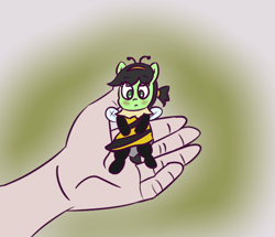 Size: 670x575 | Tagged: safe, artist:wanda, oc, oc only, oc:filly anon, earth pony, pony, animal costume, bee costume, blushing, clothes, costume, female, filly, foal, hand, solo, tiny