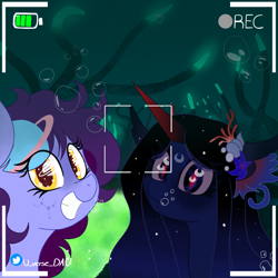 Size: 3000x3000 | Tagged: safe, artist:juniverse, oc, oc:juniverse, oc:seirina, earth pony, pony, sea pony, seapony (g4), siren, bubble, camera shot, clothes, colored, commission, commission example, commission open, crepuscular rays, duo, flowing mane, ocean, photo, seaweed, selfie, smiling, space pony, surprised, swimming, underwater, water