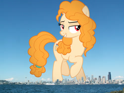 Size: 2048x1536 | Tagged: safe, artist:phucknuckl, edit, editor:jaredking779, pear butter, earth pony, pony, g4, attack on pony, female, giant pony, giantess, highrise ponies, irl, lidded eyes, macro, mare, photo, ponies in real life, red eyes, seattle, solo, story included, washington, washington (state)