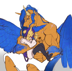 Size: 1600x1565 | Tagged: safe, artist:makkah, flash sentry, pegasus, unicorn, anthro, g4, arm hair, beard, chest hair, colored wings, duo, duo male and female, eyes closed, facial hair, female, flex sentry, gradient background, larger male, male, mare, muscles, muscular male, open mouth, open smile, scar, sitting, smaller female, smiling, stallion, white background, wings