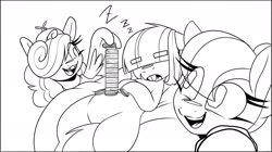 Size: 1946x1093 | Tagged: safe, artist:lockheart, oc, oc only, oc:dot matrix, oc:n64 mare, oc:sega mare, crystal pony, earth pony, pegasus, pony, beanie, black and white, braces, eyebrows, eyebrows visible through hair, female, freckles, grayscale, hair over eyes, hair over one eye, hat, mare, monochrome, onomatopoeia, open mouth, open smile, propeller hat, simple background, sleeping, smiling, sound effects, trio, trio female, white background, zzz
