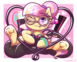 Size: 4000x3238 | Tagged: safe, artist:phoenixrk49, oc, oc only, oc:pixel code, earth pony, pony, commission, controller, dexterous hooves, female, frog (hoof), glasses, high res, hoof hold, looking at you, mare, one eye closed, round glasses, sitting, solo, tongue out, traditional art, underhoof