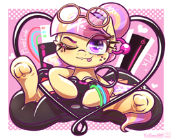 Size: 4000x3238 | Tagged: safe, alternate version, artist:phoenixrk49, oc, oc only, oc:pixel code, earth pony, pony, commission, controller, dexterous hooves, female, frog (hoof), glasses, glasses off, high res, hoof hold, looking at you, mare, one eye closed, round glasses, sitting, solo, tongue out, traditional art, underhoof