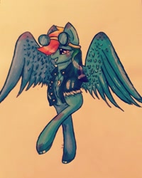 Size: 1080x1350 | Tagged: safe, artist:ahatea, rainbow dash, pegasus, pony, g4, blushing, bomber jacket, bust, clothes, female, goggles, goggles on head, grin, jacket, mare, smiling, solo, traditional art