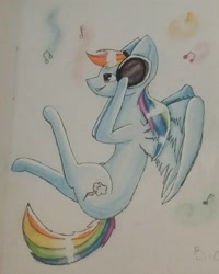 Size: 1080x1350 | Tagged: safe, artist:ahatea, rainbow dash, pegasus, pony, g4, female, grin, headphones, listening to music, mare, smiling, solo, traditional art