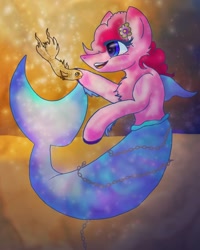 Size: 1080x1350 | Tagged: safe, artist:ahatea, pinkie pie, earth pony, fish, pony, seapony (g4), g4, bubble, crepuscular rays, dorsal fin, female, fin, fins, fish tail, flower, flower in hair, flowing mane, mare, ocean, open mouth, open smile, scales, seaponified, seapony pinkie pie, smiling, solo, species swap, sunlight, tail, underwater, water