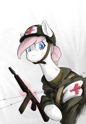 Size: 1997x2878 | Tagged: safe, artist:cirtierest, nurse redheart, earth pony, pony, g4, clothes, female, gun, looking at you, military uniform, soldier, soldier pony, solo, uniform, weapon