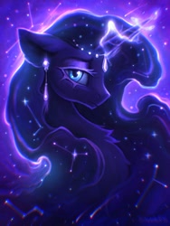 Size: 1500x2000 | Tagged: safe, artist:scheadar, princess luna, alicorn, pony, g4, chest fluff, chromatic aberration, colored eyelashes, constellation, constellation hair, ear piercing, earring, ethereal mane, female, galaxy mane, glowing, glowing horn, horn, jewelry, lidded eyes, looking at you, mare, piercing, purple eyelashes, solo, stars