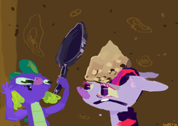 Size: 1000x707 | Tagged: safe, artist:cutebrows, spike, twilight sparkle, g4, food, frying pan, pancakes