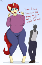 Size: 2406x3705 | Tagged: safe, artist:an-tonio, oc, oc only, oc:anon, oc:golden brooch, human, unicorn, anthro, unguligrade anthro, big breasts, breasts, busty golden brooch, clothes, denim, earring, female, glasses, gradient background, jeans, jewelry, larger female, meganekko, milf, necklace, pants, pearl necklace, size difference, sweater, sweater puppies, thighs, thunder thighs