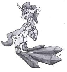 Size: 552x600 | Tagged: safe, artist:dombrus, king sombra, pony, unicorn, g4, cape, clothes, crystal, monochrome, rearing, simple background, solo, traditional art, white background