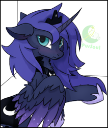 Size: 824x971 | Tagged: safe, artist:pursoul, princess luna, alicorn, pony, g4, blushing, crown, cute, ear fluff, female, fluffy, hoof shoes, jewelry, looking at you, lying down, mare, on side, peytral, regalia, signature, simple background, solo, spread wings, white background, wings