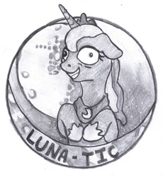 Size: 552x600 | Tagged: safe, artist:dombrus, princess luna, alicorn, pony, g4, joke, lunatic, monochrome, moon, simple background, solo, text, traditional art, white background