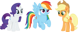 Size: 7241x3000 | Tagged: safe, artist:cloudy glow, applejack, rainbow dash, rarity, earth pony, pegasus, pony, unicorn, g4, my little pony: rainbow roadtrip, .ai available, female, flying, mare, simple background, transparent background, trio, trio female, vector