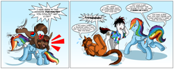 Size: 2740x1080 | Tagged: safe, artist:naughtycatnick, rainbow dash, oc, oc:thomas, earth pony, pony, unicorn, g4, 2 panel comic, comic, cross-popping veins, emanata, gradient background, ponysuit, speech bubble, trio, upside down