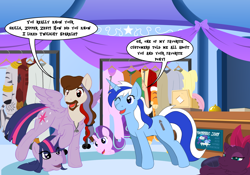 Size: 3400x2380 | Tagged: safe, artist:naughtycatnick, capper dapperpaws, derpy hooves, doctor whooves, fluttershy, rarity, starlight glimmer, tempest shadow, time turner, zecora, oc, oc:front page, oc:frost d. tart, oc:naughtycatnick, oc:zipper zest, pony, g4, clothes, costume, duo, high res, mask, not minuette, pointy ponies, ponysuit, speech bubble, store