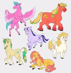 Size: 1485x1530 | Tagged: safe, artist:tuherrus, applejack (g3), firefly, posey, sparkler (g1), surprise, twilight, earth pony, pegasus, pony, unicorn, g1, g3, alternate design, simple background, unshorn fetlocks