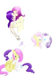 Size: 2460x3384 | Tagged: safe, artist:a6p, fluttershy, rarity, human, pegasus, pony, unicorn, g4, boop, duo, female, high res, hug, humanized, kissing, lesbian, mare, noseboop, self paradox, self ponidox, ship:flarity, shipping, simple background, sitting, white background